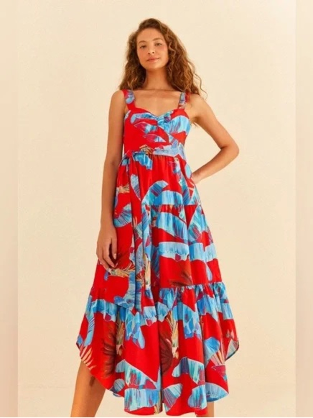 FARM Rio Red and Bright Blue Tropical Midi Dress